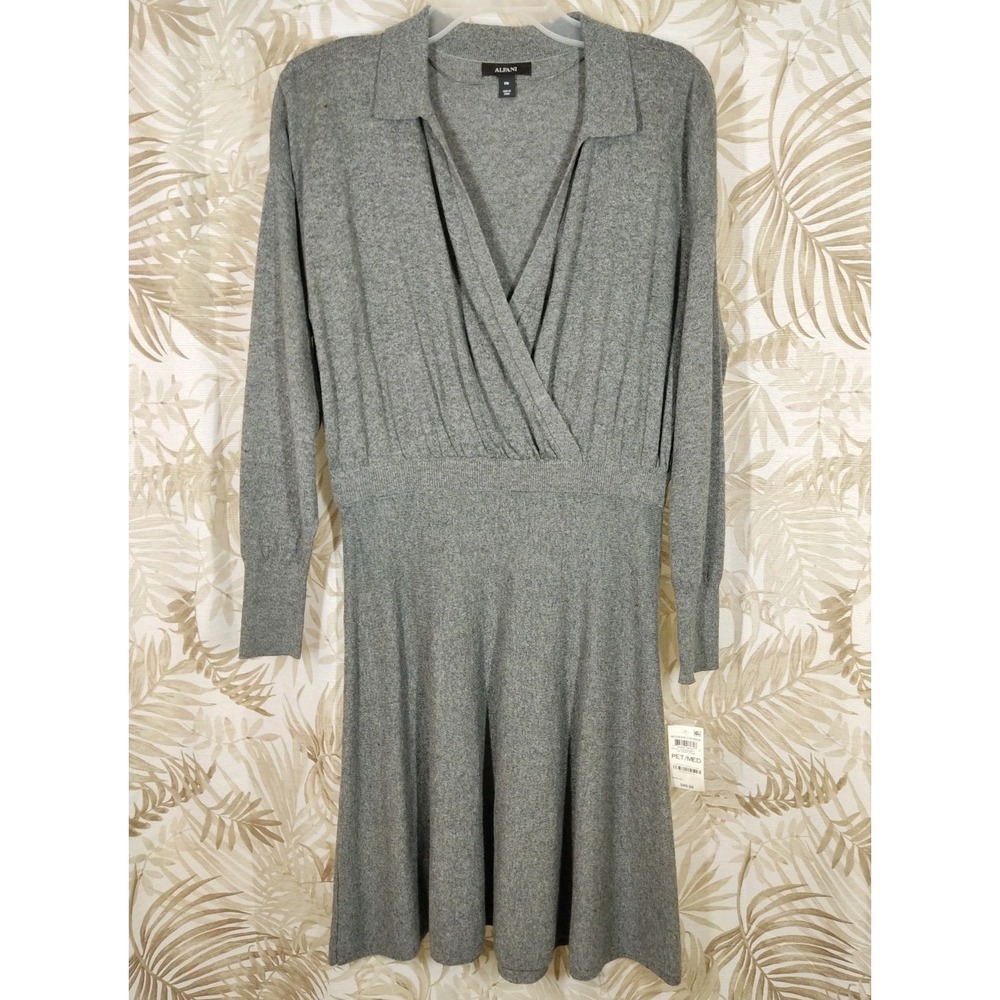 Alfani Womens Night Heather Gray Petite Collared Surplice Sweater Dress Size P/M